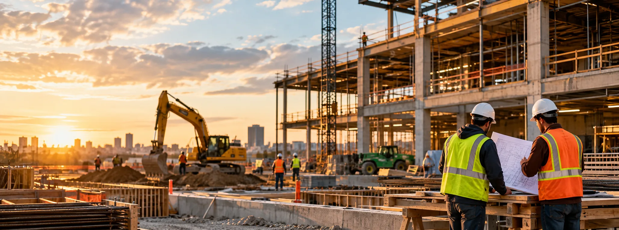 Construction professionals reviewing project plans at an active building site